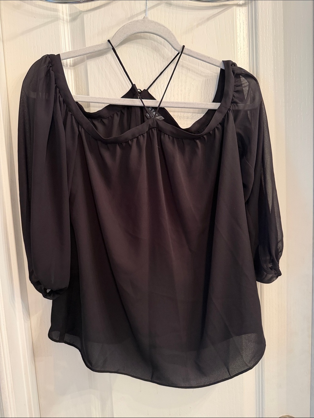 1. State Black Sheer Off-Shoulder Blouse with Crisscross Straps
